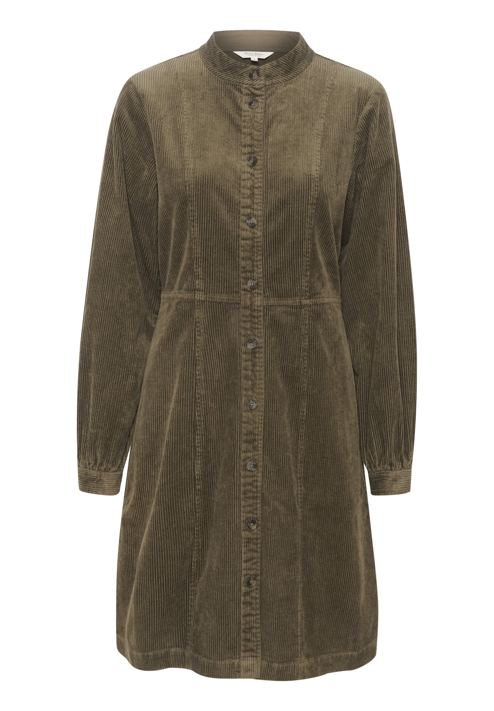 Grünes Cordmaterial Kleid mit Kragen, Knopfverschluss vorne und langen Ärmeln. Verfügt über eine vertikale Ripptextur und eine Taillennaht.