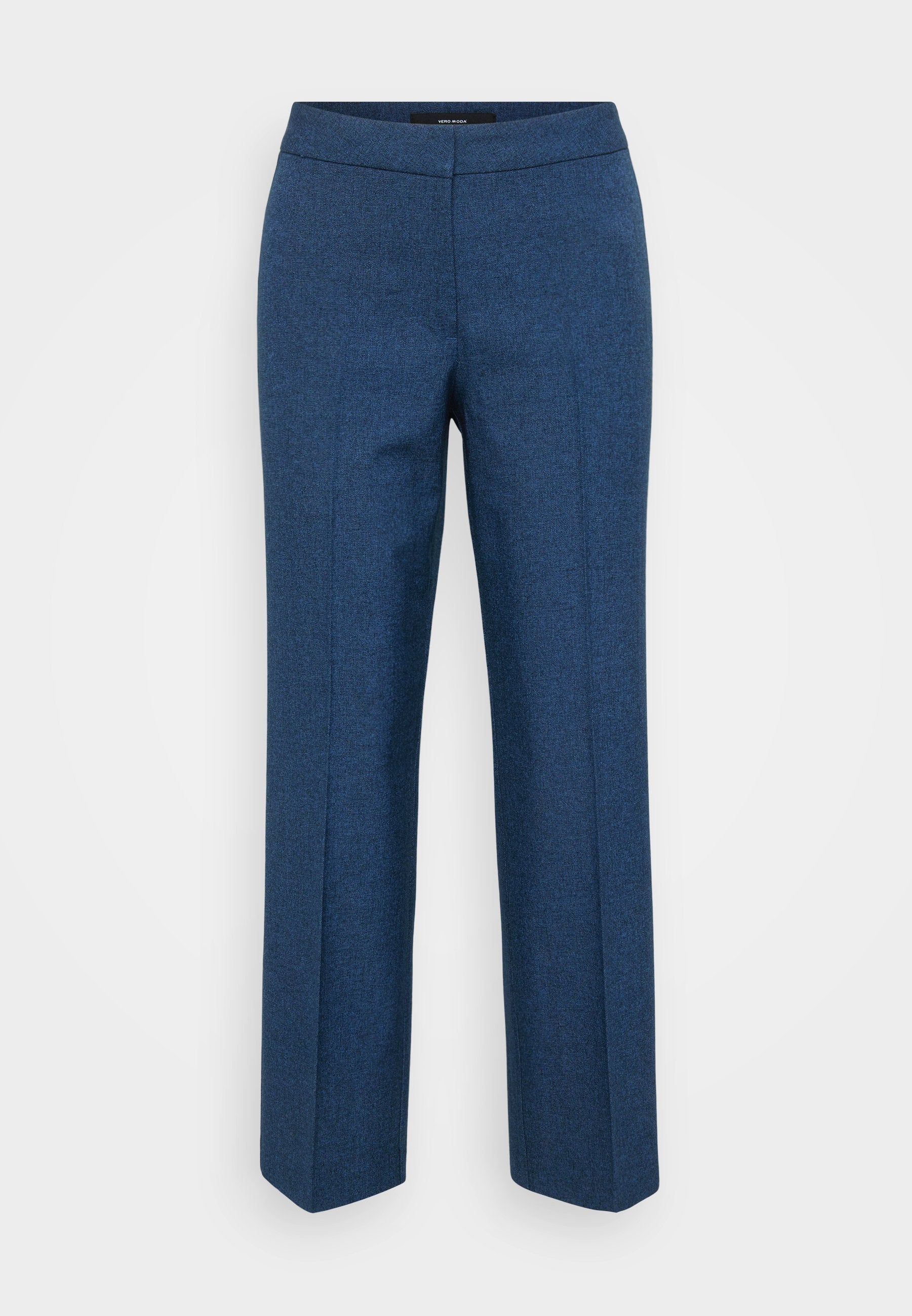Maßgeschneiderte Hose aus einem dunkelblauen Textil, mit geradem Bein, breitem Bund und ohne sichtbare Taschen.