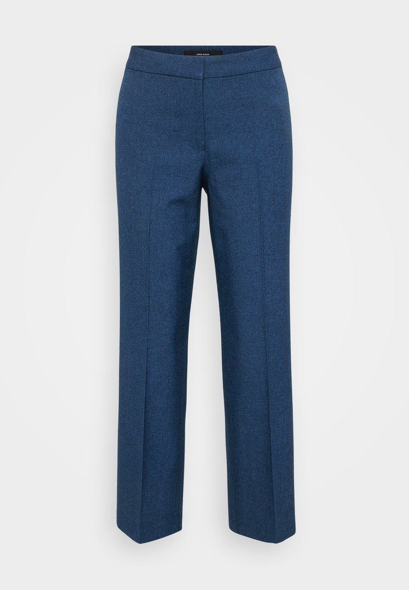 Maßgeschneiderte Hose aus einem dunkelblauen Textil, mit geradem Bein, breitem Bund und ohne sichtbare Taschen.