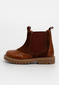 Braune Leder-Ankle-Boots mit elastischen Seitenpanelen, runder Zehenform, strukturiertem Wildleder, robustem Gummisohle und Zugschlaufen für einfaches An- und Ausziehen.
