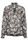 Leichte, transparente Bluse in Dunkelblau mit elfenbeinfarbenem Blumenmuster. Verfügt über einen Kragen, geknöpfte Manschetten und eine lockere Passform mit abgerundetem Saum.