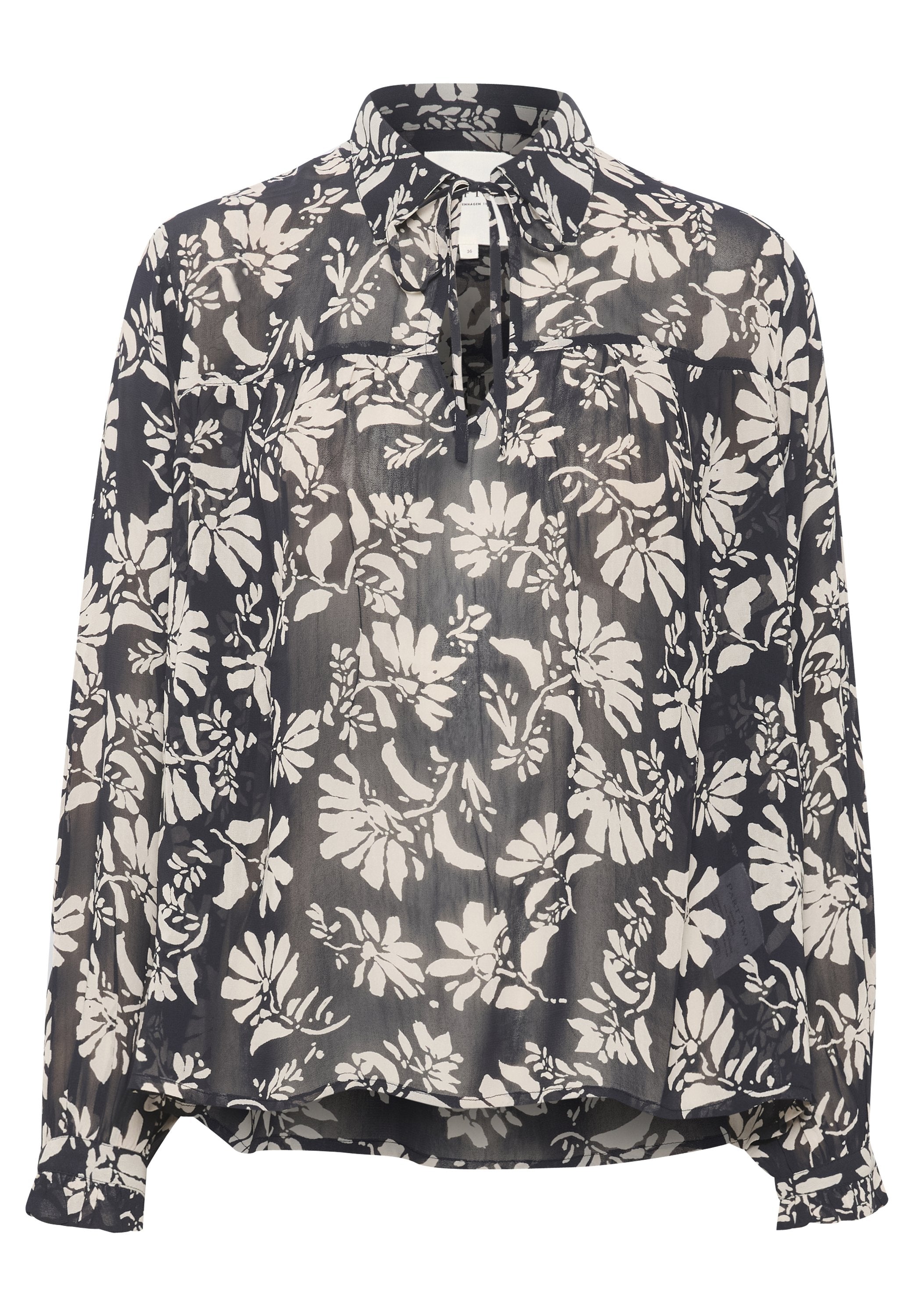 Leichte, transparente Bluse in Dunkelblau mit elfenbeinfarbenem Blumenmuster. Verfügt über einen Kragen, geknöpfte Manschetten und eine lockere Passform mit abgerundetem Saum.