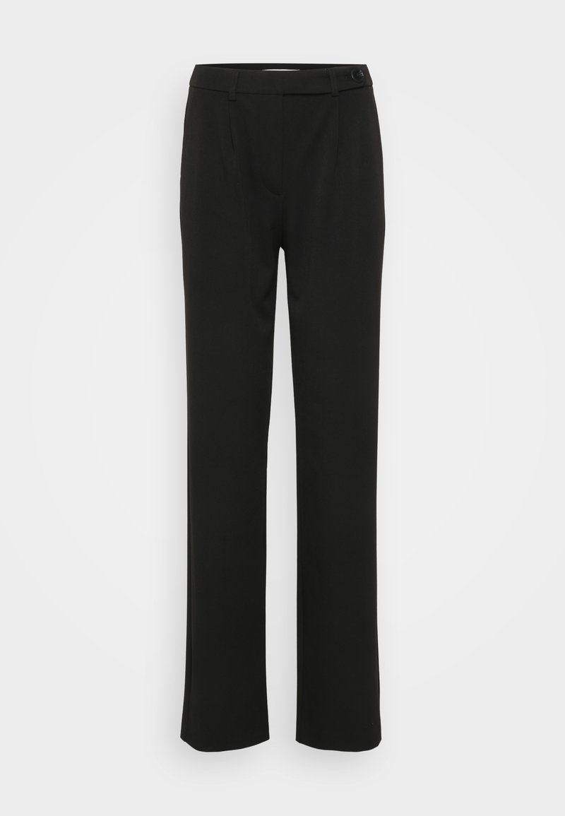 Schwarze maßgeschneiderte Hose mit glatter Textur, geradem Beinschnitt und einer Knopfverschluss vorn. Mit Falten und Taschen an den Seiten.
