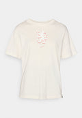 Cremefarbenes Baumwoll-T-Shirt mit lockerem Schnitt. Enthält ein grafisches Design in Pink, einschließlich einer Gesichtsumriss, und ein kleines Nike-Logo.