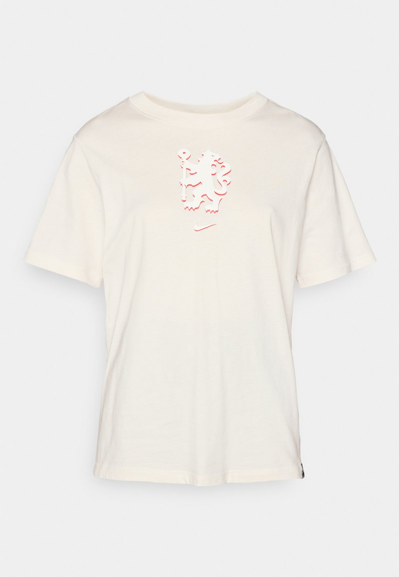 Cremefarbenes Baumwoll-T-Shirt mit lockerem Schnitt. Enthält ein grafisches Design in Pink, einschließlich einer Gesichtsumriss, und ein kleines Nike-Logo.