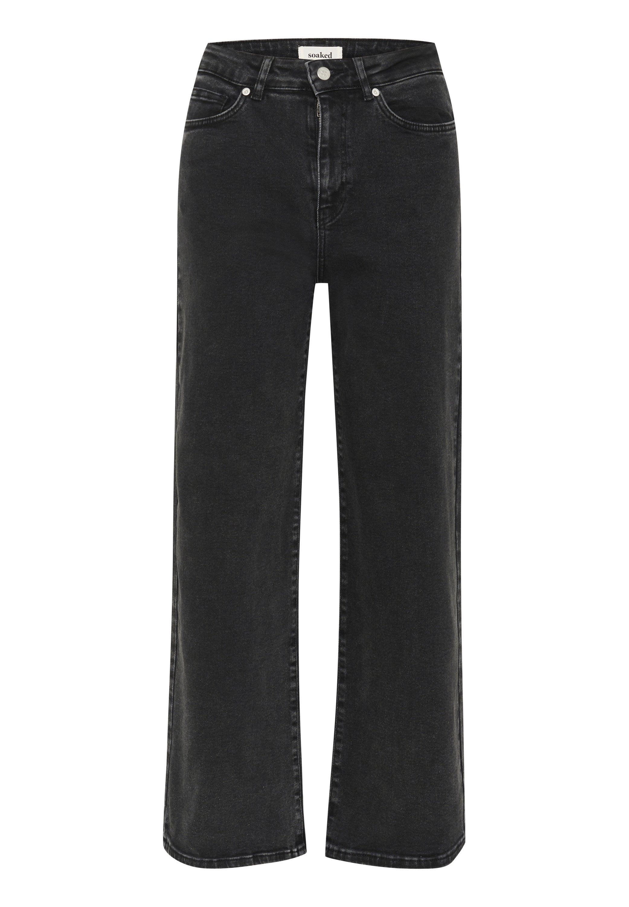 Schwarze weite Jeans aus Denim, mit hoher Taille, Fronttaschen und einem Reißverschluss mit Knopfverschluss. Dezenter Verblassungseffekt auf dem Stoff.