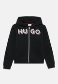 Schwarze Zip-Hoodie mit einer Vordertasche, mit dem auffälligen "HUGO"-Text in kontrastierenden Farben. Hergestellt aus weichem Baumwollstoff mit Kapuze.
