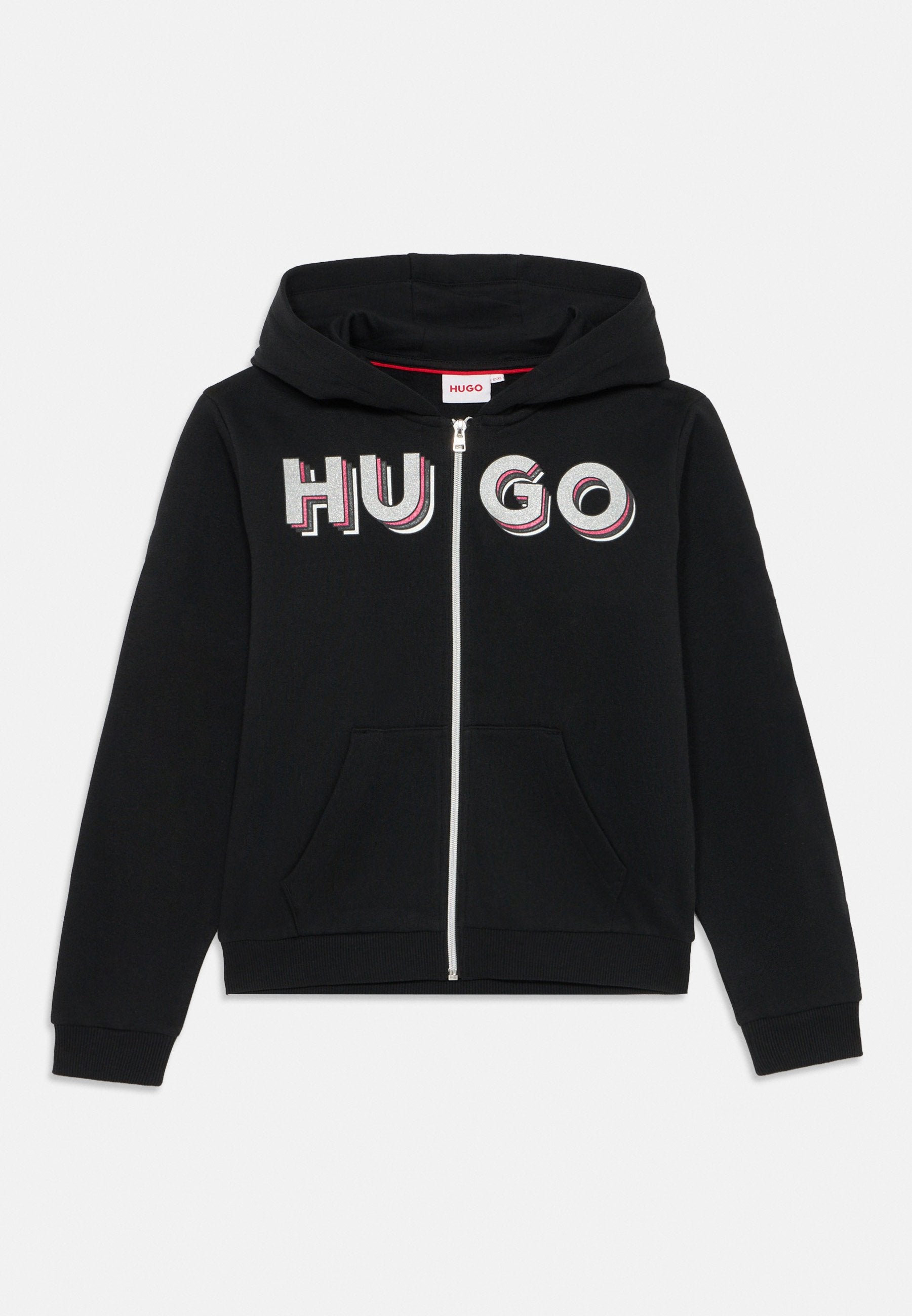 Schwarze Zip-Hoodie mit einer Vordertasche, mit dem auffälligen "HUGO"-Text in kontrastierenden Farben. Hergestellt aus weichem Baumwollstoff mit Kapuze.