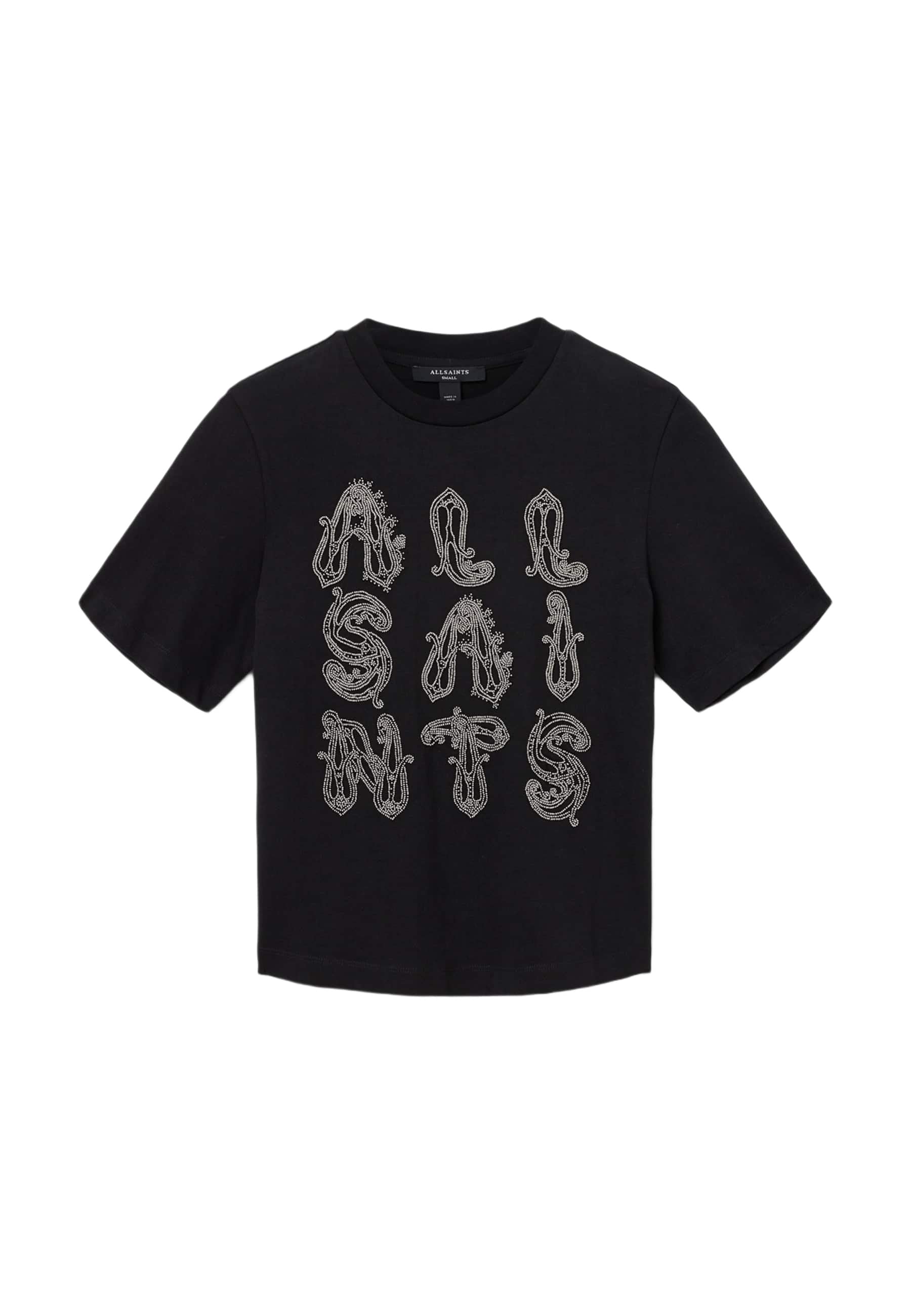 Schwarzes T-Shirt mit kurzen Ärmeln, das auf der Vorderseite mit weißem, kunstvoll gestaltetem Text "ALLSAINTS" versehen ist, aus weichem Baumwollstoff gefertigt.