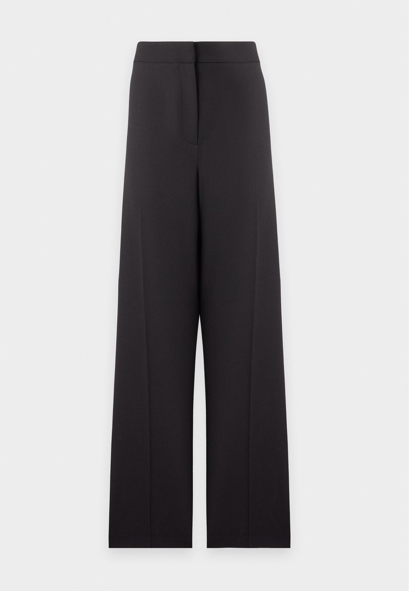 Schwarze hoch taillierte, weit geschnittene Hose mit vorderen Nahtdetails und verdecktem vorderem Verschluss, auf einem schlichten hellen Hintergrund dargestellt.