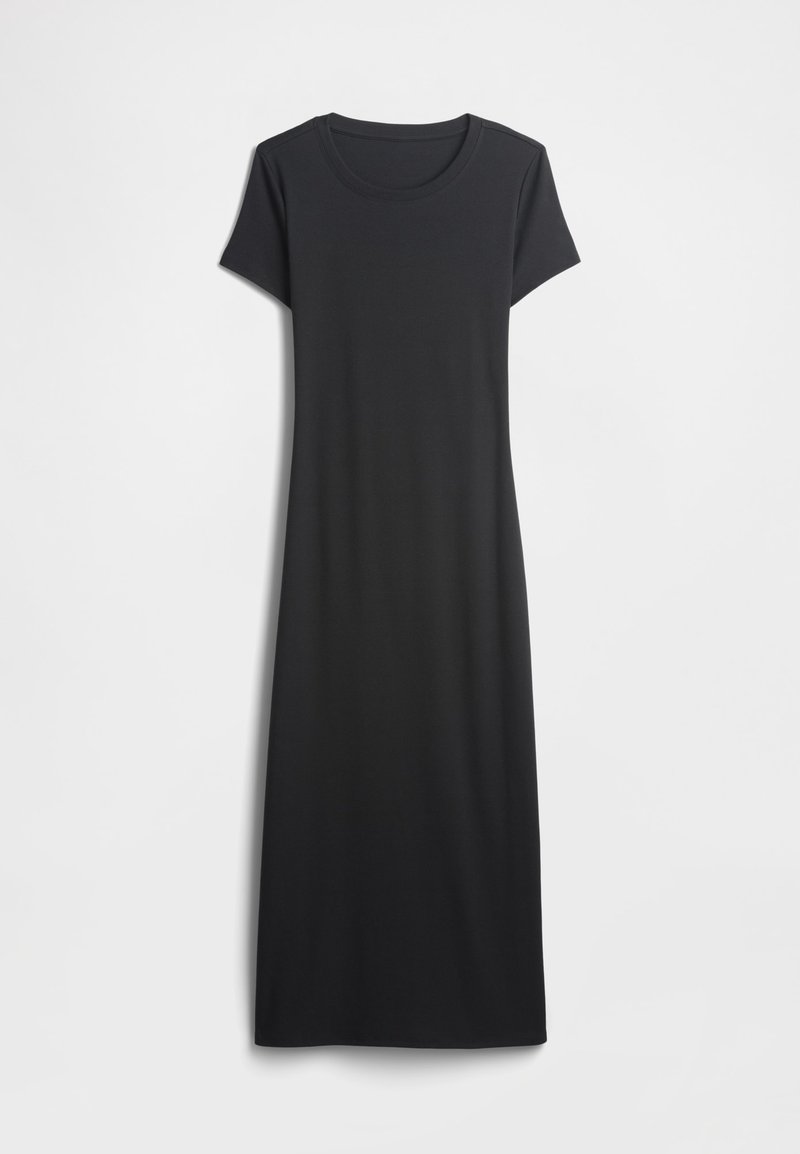 Schwarzes, kurzärmeliges Kleid mit rundem Ausschnitt, gefertigt aus weichem Stoff, mit einfacher, gerader Silhouette ohne zusätzliche Muster oder Details.