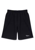 Schwarze Sportshorts mit elastischem Bund, strukturiertem Stoff und einem weißen Logodetail am unteren linken Bein.