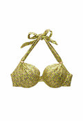 Gelb-grüner gemusterter Bikini-Oberteil mit gepolsterten Cups. Verfügt über ein Halterneck-Design und Bänder zur verstellbaren Passform. Akzentuierte goldfarbene Metallteile.