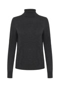 Dunkelgrauer Rollkragenpullover aus weichem Strickmaterial, mit langen Ärmeln und passendem Design sowie einem gerippten Halsausschnitt.
