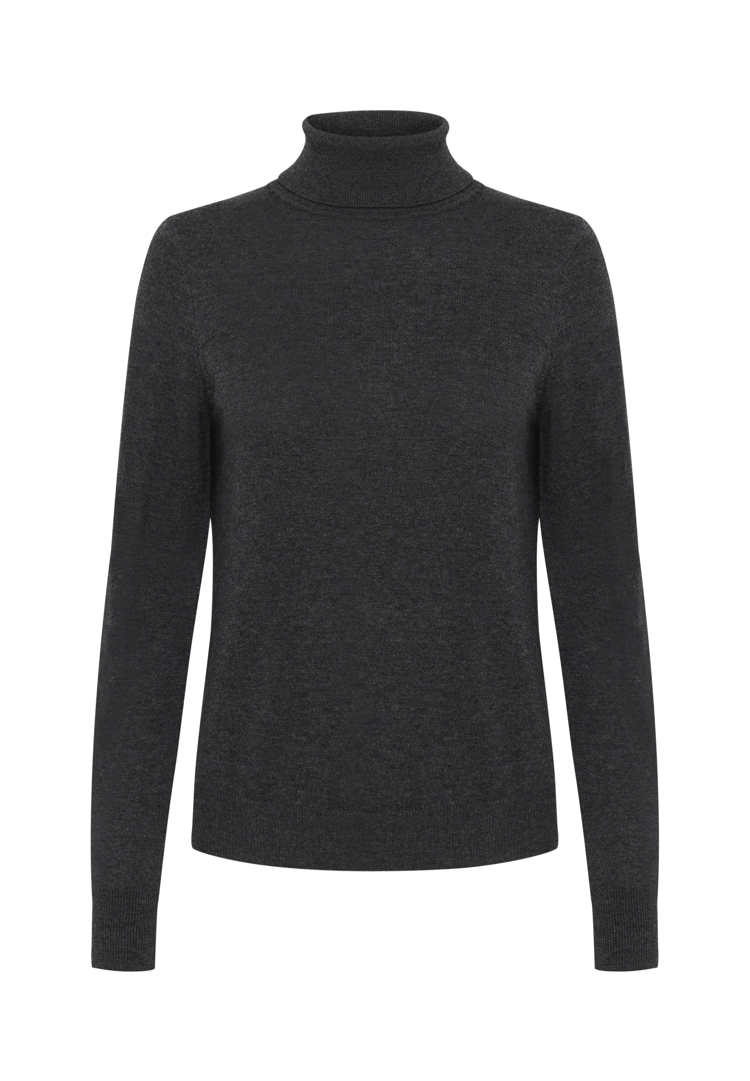 Dunkelgrauer Rollkragenpullover aus weichem Strickmaterial, mit langen Ärmeln und passendem Design sowie einem gerippten Halsausschnitt.