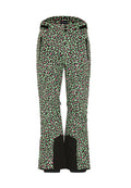 Grüne Skihose mit einem lebendigen pink-schwarzen Leopardenmuster, schwarzen Akzenten am Saum und verstellbaren Merkmalen für eine optimale Passform.