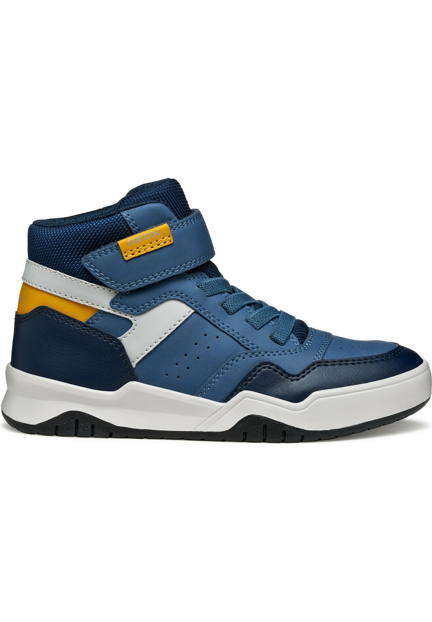 Hochschuh-Sneaker in Marineblau, mit Obermaterial aus synthetischem Leder und Mesh, weißen Akzenten, gelbem Logo, Schnürsenkeln und Knöchelriemen. Strukturiierte Sohle.