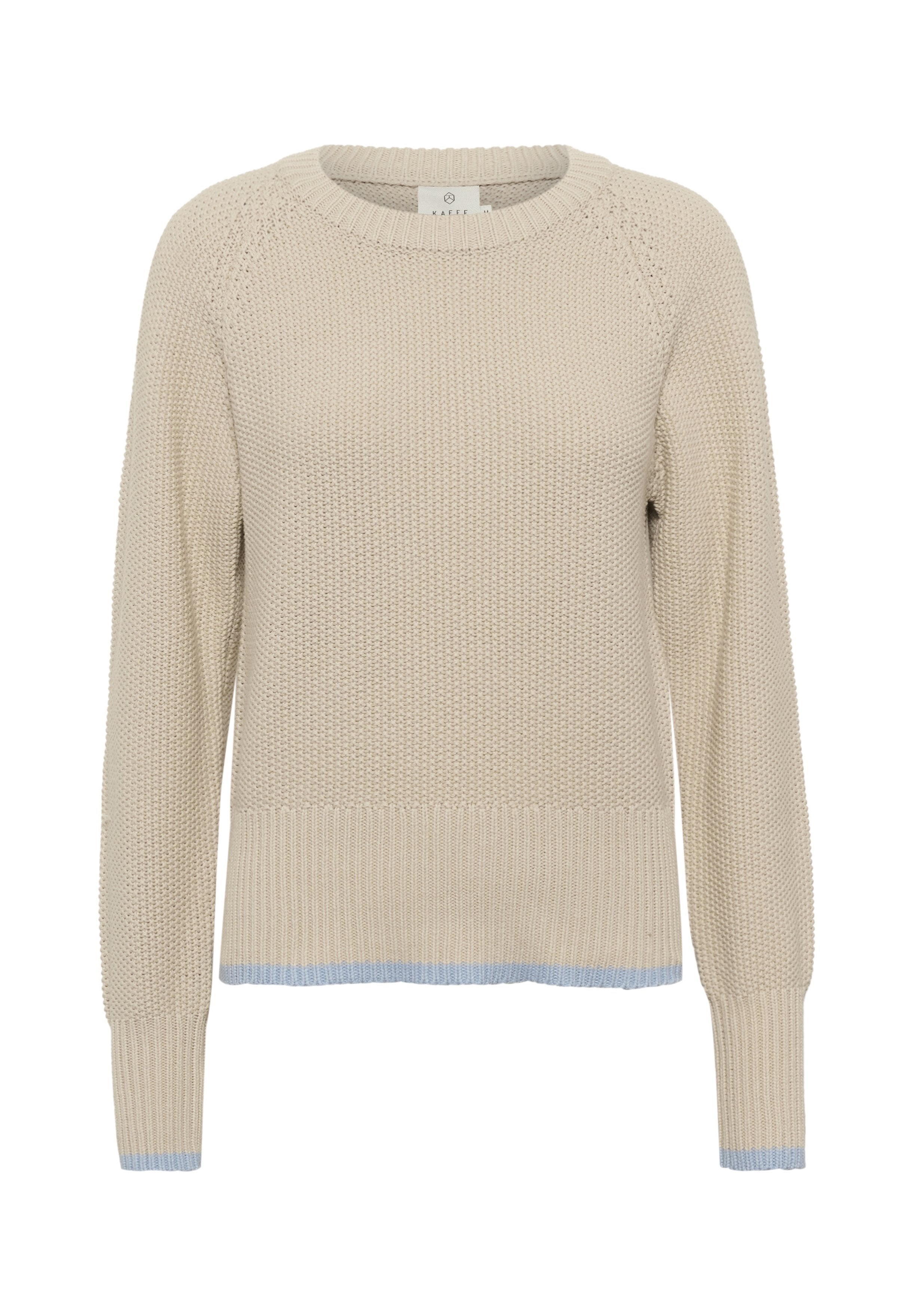 Beige gestrickter Pullover mit geripptem Rundhals, langen Ärmeln und hellblauen Saumakzenten. Strukturiertes Material mit lockerer Passform.