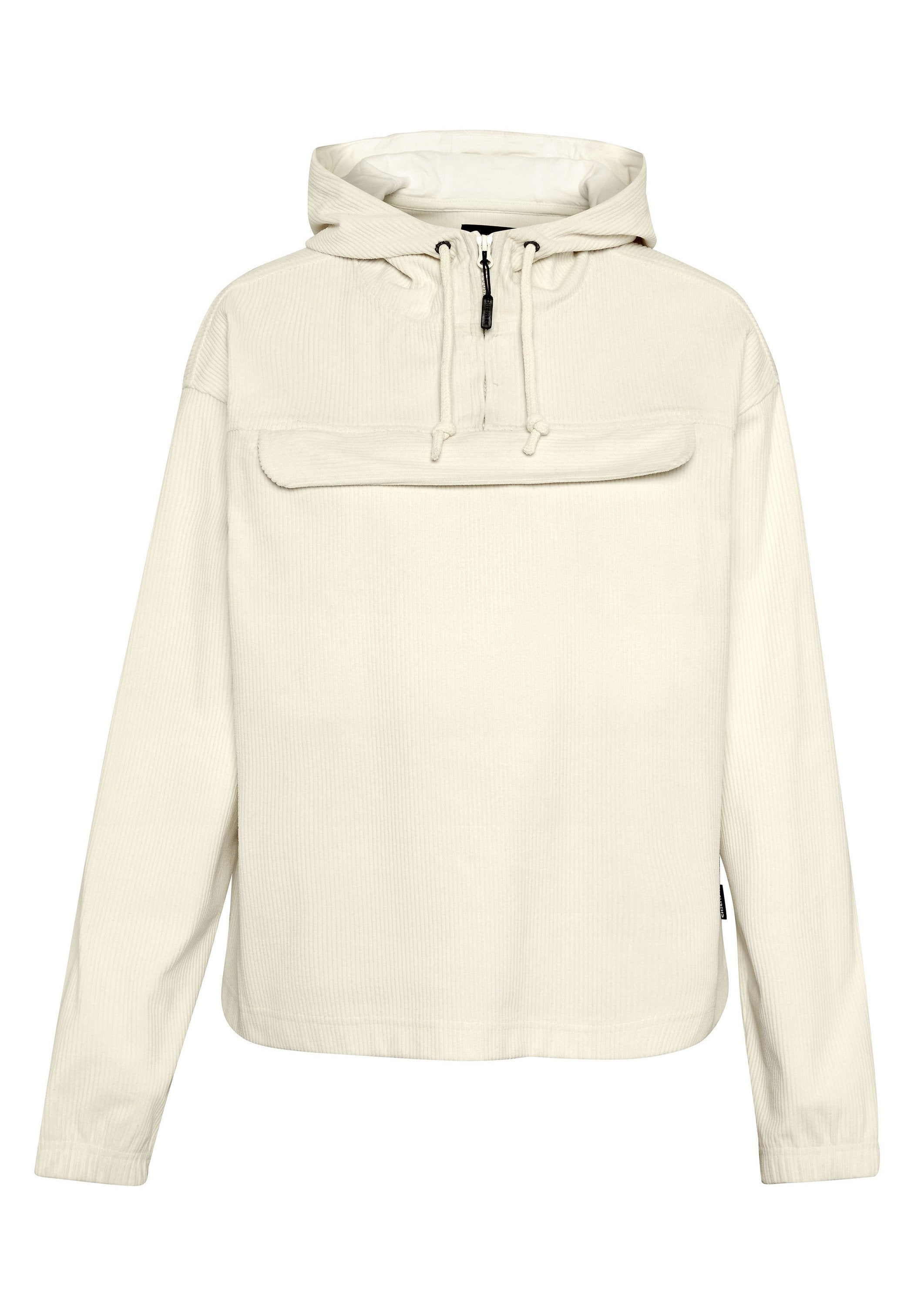 Helle Kapuzenpullover aus geripptem Stoff. Verfügt über eine Fronttasche, verstellbare Kordeln und lange Ärmel.