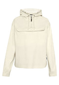 Helle Kapuzenpullover aus geripptem Stoff. Verfügt über eine Fronttasche, verstellbare Kordeln und lange Ärmel.