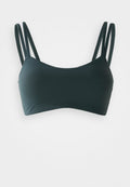Dunkelgrüner Bikini-Oberteil mit glatter Textur, einfachem Design, rechteckiger Form und schmalen verstellbaren Trägern.