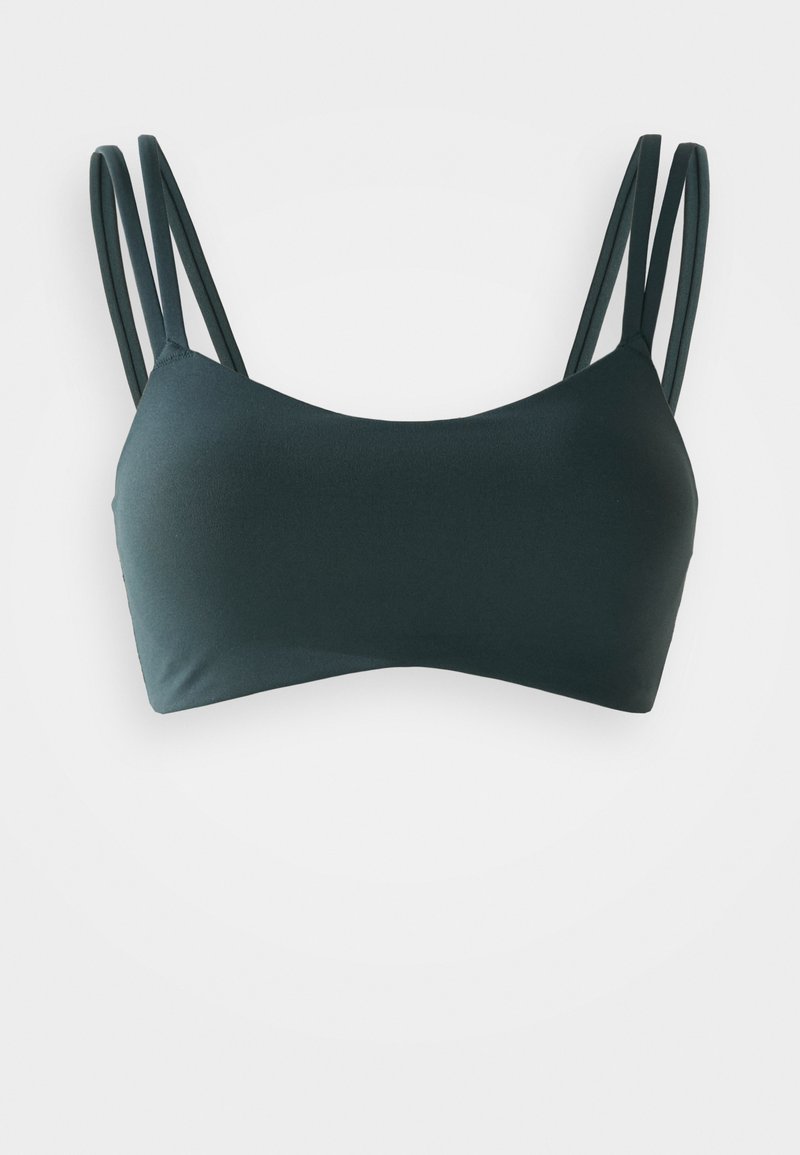 Dunkelgrüner Bikini-Oberteil mit glatter Textur, einfachem Design, rechteckiger Form und schmalen verstellbaren Trägern.
