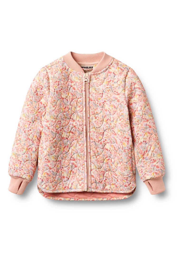 Stepp-Bomberjacke in Hellrosa mit floralem Muster. Verfügt über einen Frontreißverschluss, gerippte Bündchen und Saum sowie strukturierte Stoffe.