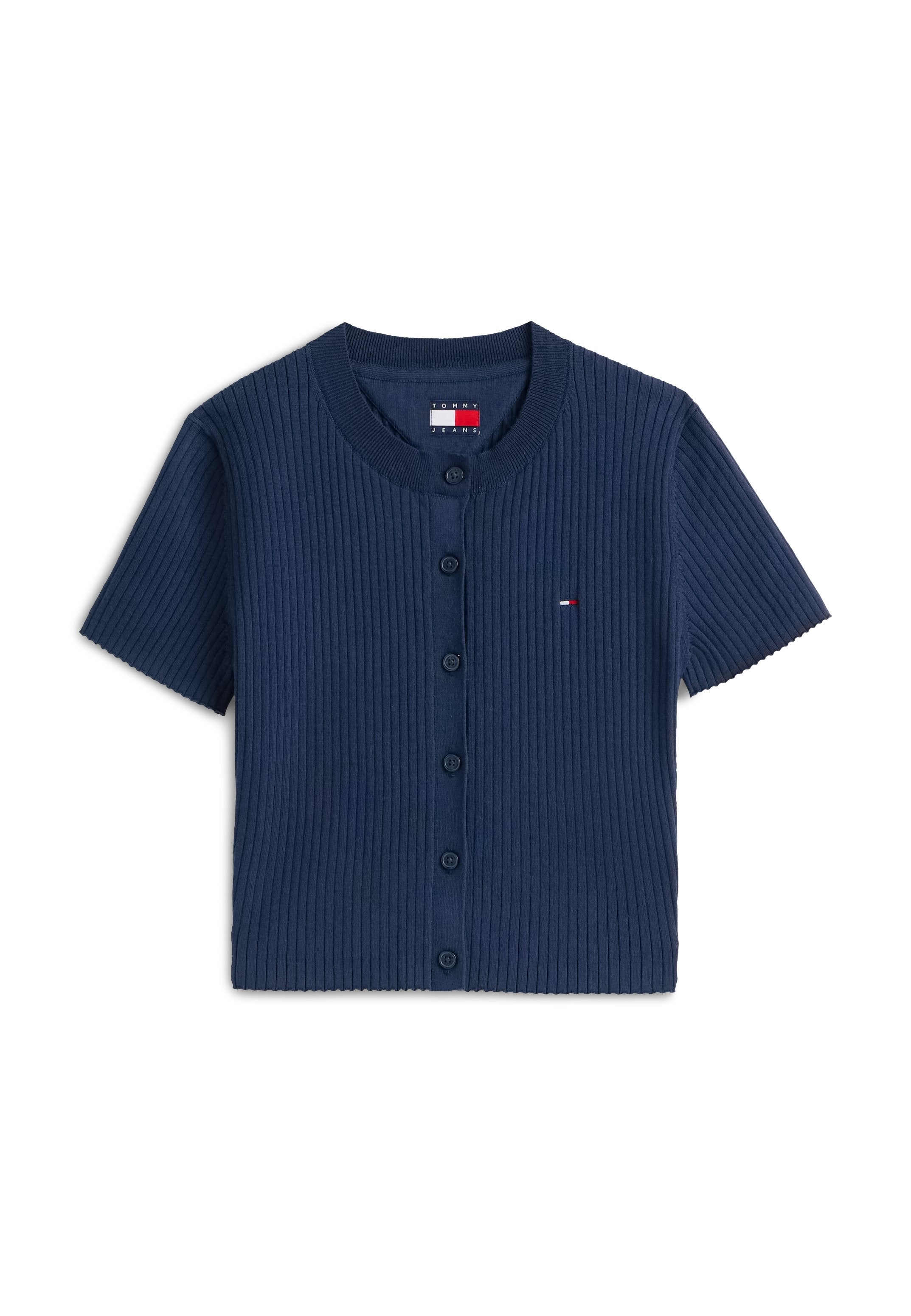 Marineblauer, kurzärmeliger, gerippter Strickcardigan mit rundem Ausschnitt, Knopfleiste vorne und kleinem Tommy Jeans-Logo auf der Brust.
