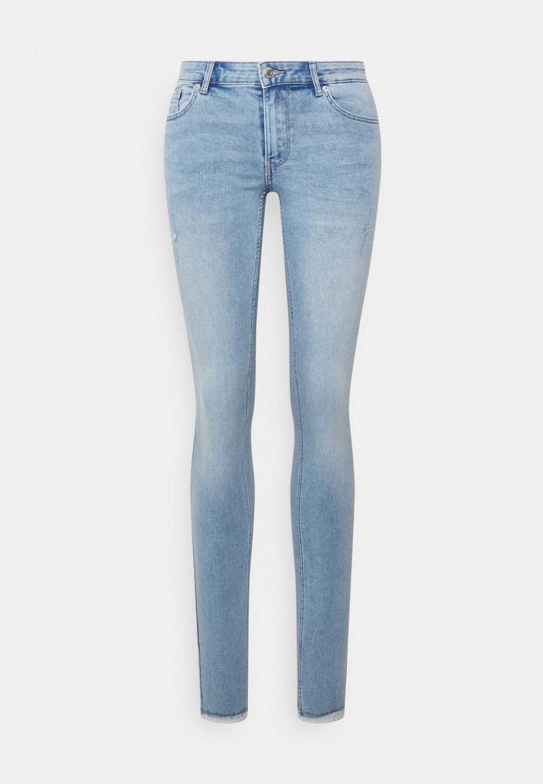 Hellblaue Skinny-Jeans aus Denim, mit einem klassischen Fünf-Taschen-Design, einem Reißverschluss und dezenter Trageabnutzung.