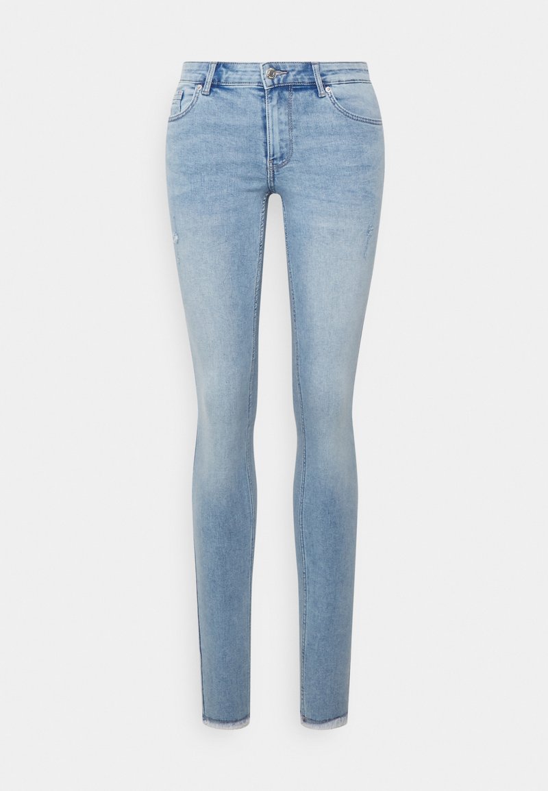 Hellblaue Skinny-Jeans aus Denim, mit einem klassischen Fünf-Taschen-Design, einem Reißverschluss und dezenter Trageabnutzung.