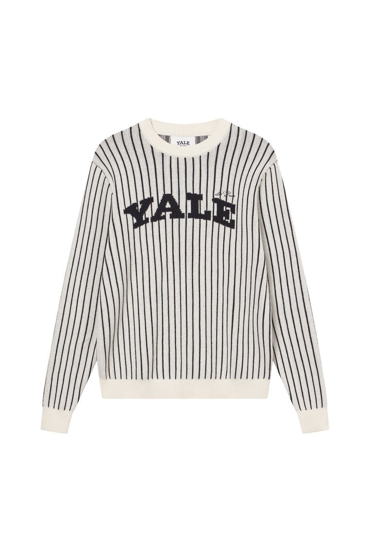 Cremfarbener Pullover mit navyblauen vertikalen Streifen. Auf der Brust befindet sich "YALE" in großen navyblauen Buchstaben. Ribbelkragen und -manschetten.