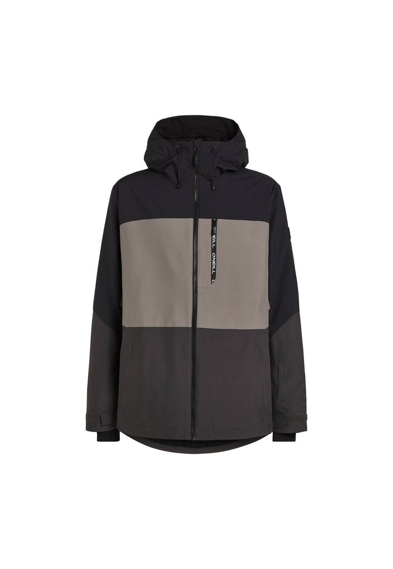 Farbenblockierte Jacke mit schwarzen, grauen und beigen Paneelen, Kapuze, durchgehendem Reißverschluss und Seitentaschen. Hergestellt aus leichtem, strapazierfähigem Stoff.