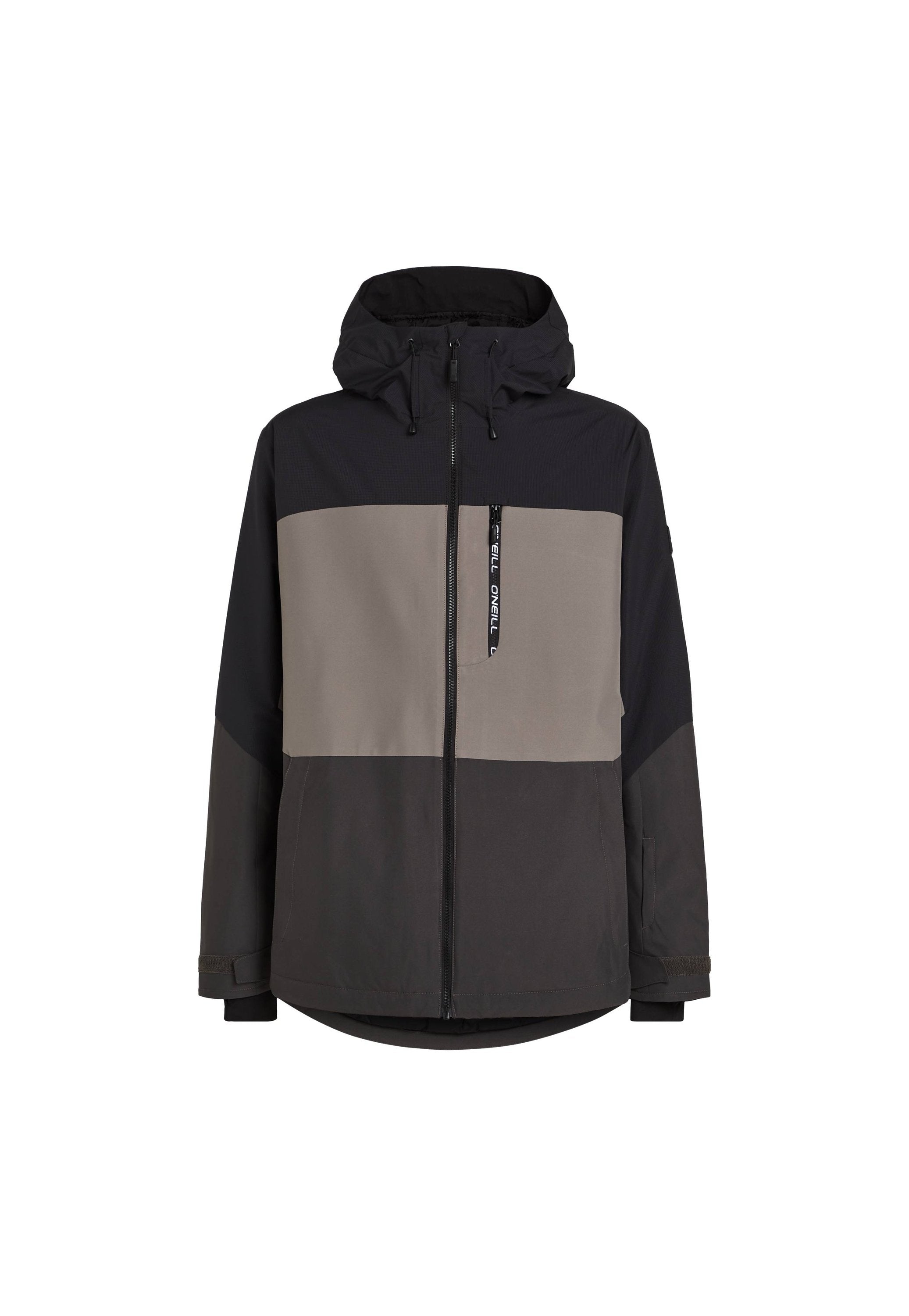 Farbenblockierte Jacke mit schwarzen, grauen und beigen Paneelen, Kapuze, durchgehendem Reißverschluss und Seitentaschen. Hergestellt aus leichtem, strapazierfähigem Stoff.