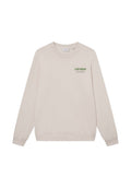Beiger Sweatshirt aus weichem Stoff, mit Rundhalsausschnitt, gerippten Manschetten und einem grünen Drucklogo auf der Brust. Einfaches, lockeres Design.
