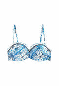 Blaue und weiße Bikinibraut mit Unterst&uuml;tzung in Form von Unterw&auml;sche, verstellbaren Tr&auml;gern und gewellten R&auml;ndern. Verf&uuml;gt &uuml;ber florale und geometrische Muster.