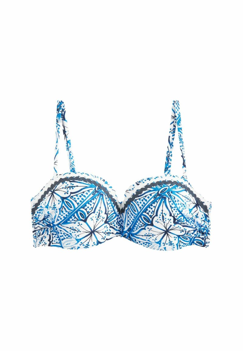 Blaue und weiße Bikinibraut mit Unterst&uuml;tzung in Form von Unterw&auml;sche, verstellbaren Tr&auml;gern und gewellten R&auml;ndern. Verf&uuml;gt &uuml;ber florale und geometrische Muster.
