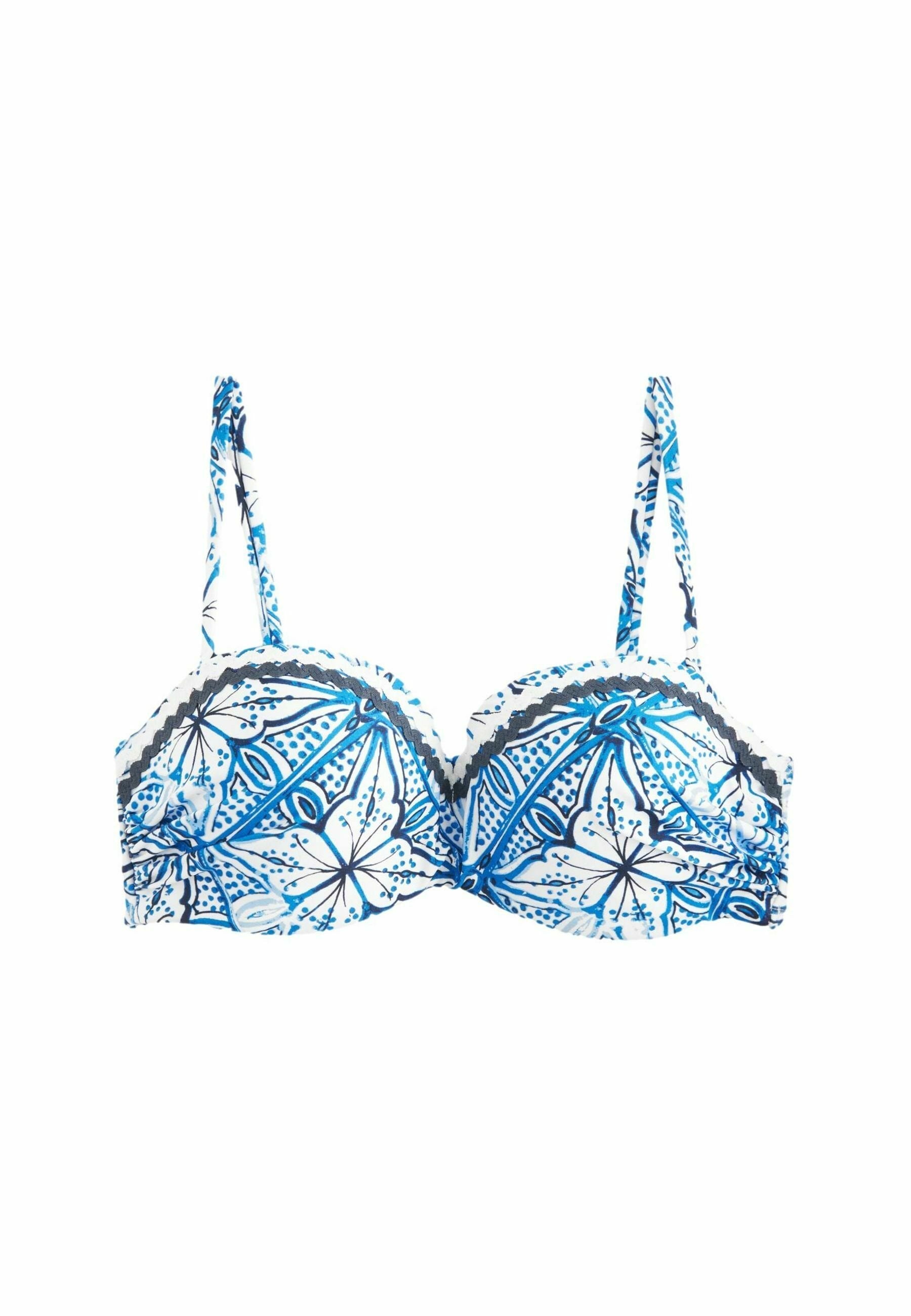 Blaue und weiße Bikinibraut mit Unterst&uuml;tzung in Form von Unterw&auml;sche, verstellbaren Tr&auml;gern und gewellten R&auml;ndern. Verf&uuml;gt &uuml;ber florale und geometrische Muster.
