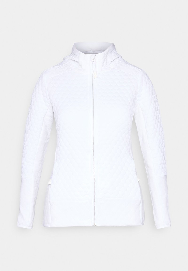 Weiße gesteppte Jacke mit langen Ärmeln, Frontreißverschluss, Kapuze und Seitentaschen, vor einem einfarbigen hellen Hintergrund dargestellt.