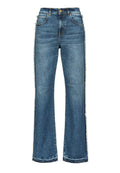 Hellblaue Jeans im weit geschnittenen Design mit ausgefransten Seitennähten. Sie verfügen über fünf Taschen und einen Knopfverschluss. Klassisches Jeans-Design.