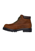 Braune Leder-Stiefeletten mit strukturiertem Finish, gepolstertem braunem Kragen und grünen Schnürsenkeln. Mit einer robusten schwarzen Gummisohle mit tiefem Profil.
