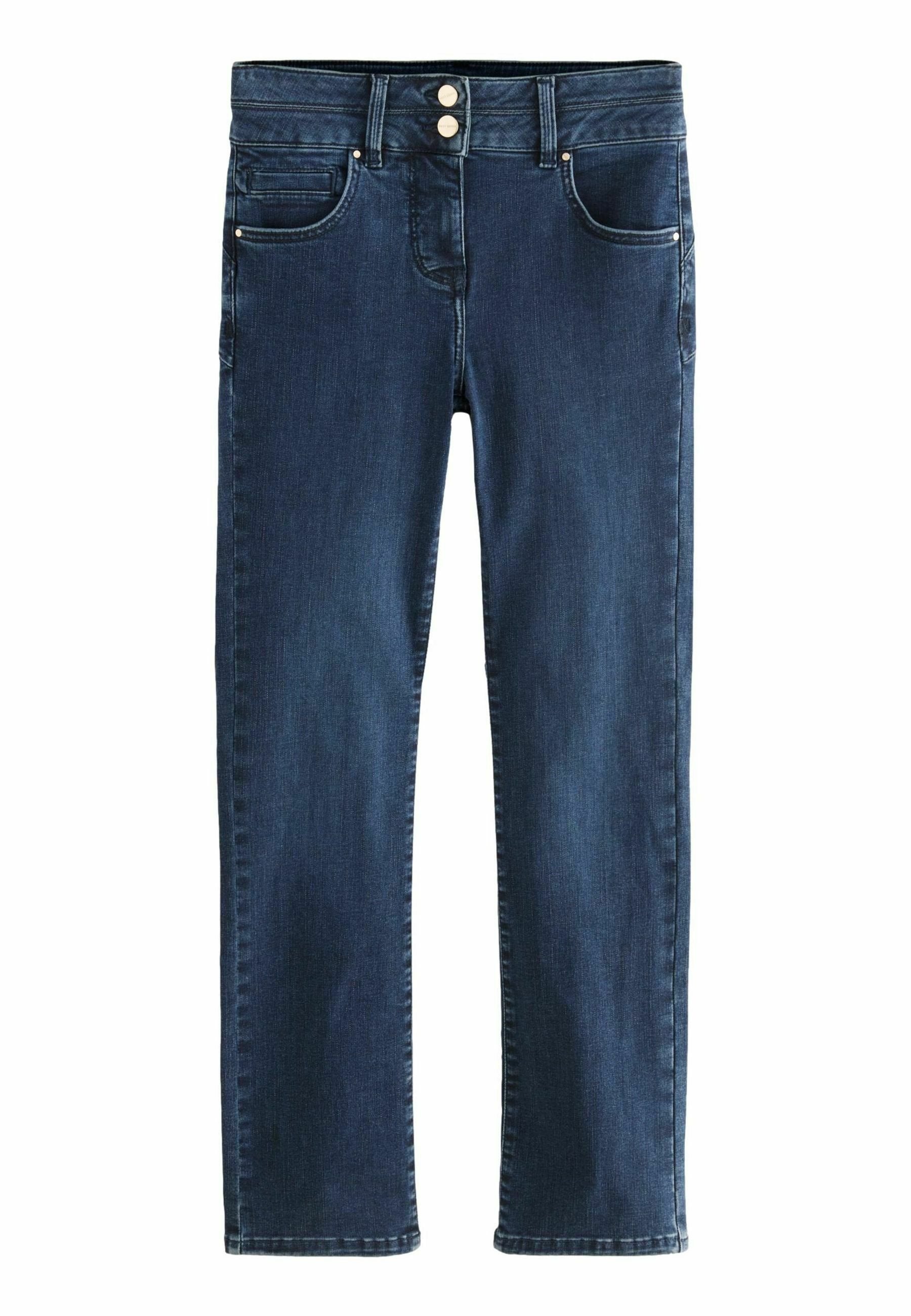 Dunkelblaue Jeans mit geradem Schnitt, zwei frontalen Taschen, dekorativer Naht und einem Reißverschluss mit zwei Knöpfen.