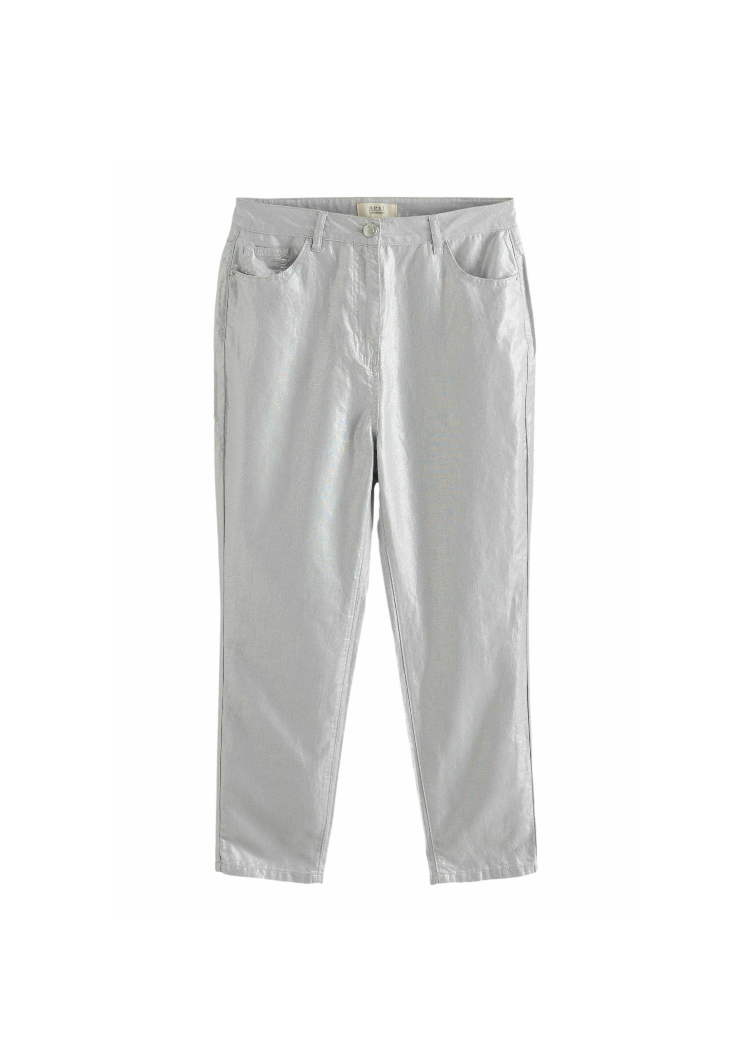 Helle graue Hose mit glatter Textur, ausgestattet mit einem Reißverschluss, zwei Fronttaschen und einem lockeren Schnitt, ideal für die Freizeit.