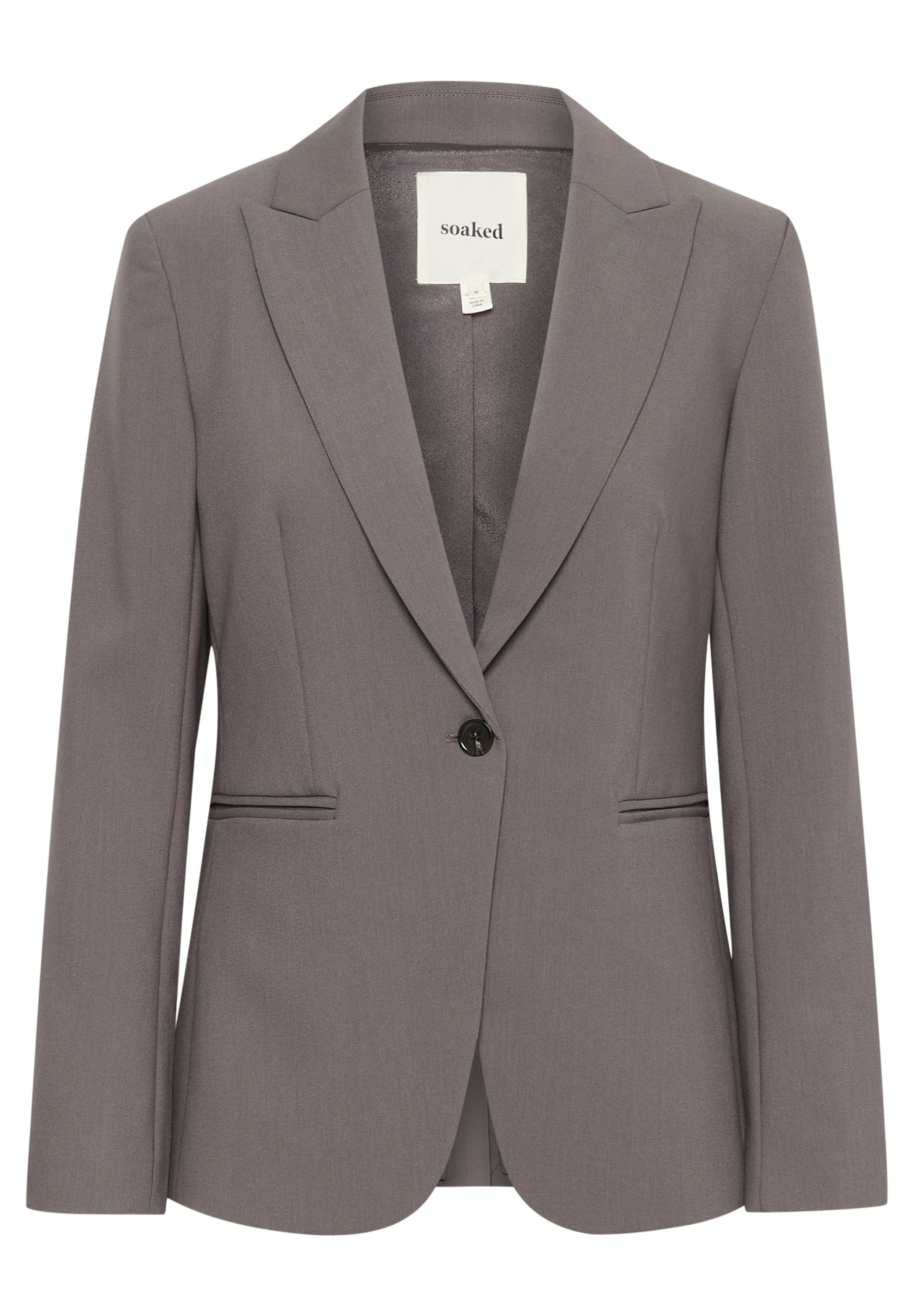 Grauer Blazer aus strukturiertem Stoff, mit einem einzigen schwarzen Knopf, Reverskragen und zwei vorderen Taschen mit Paspelierung.