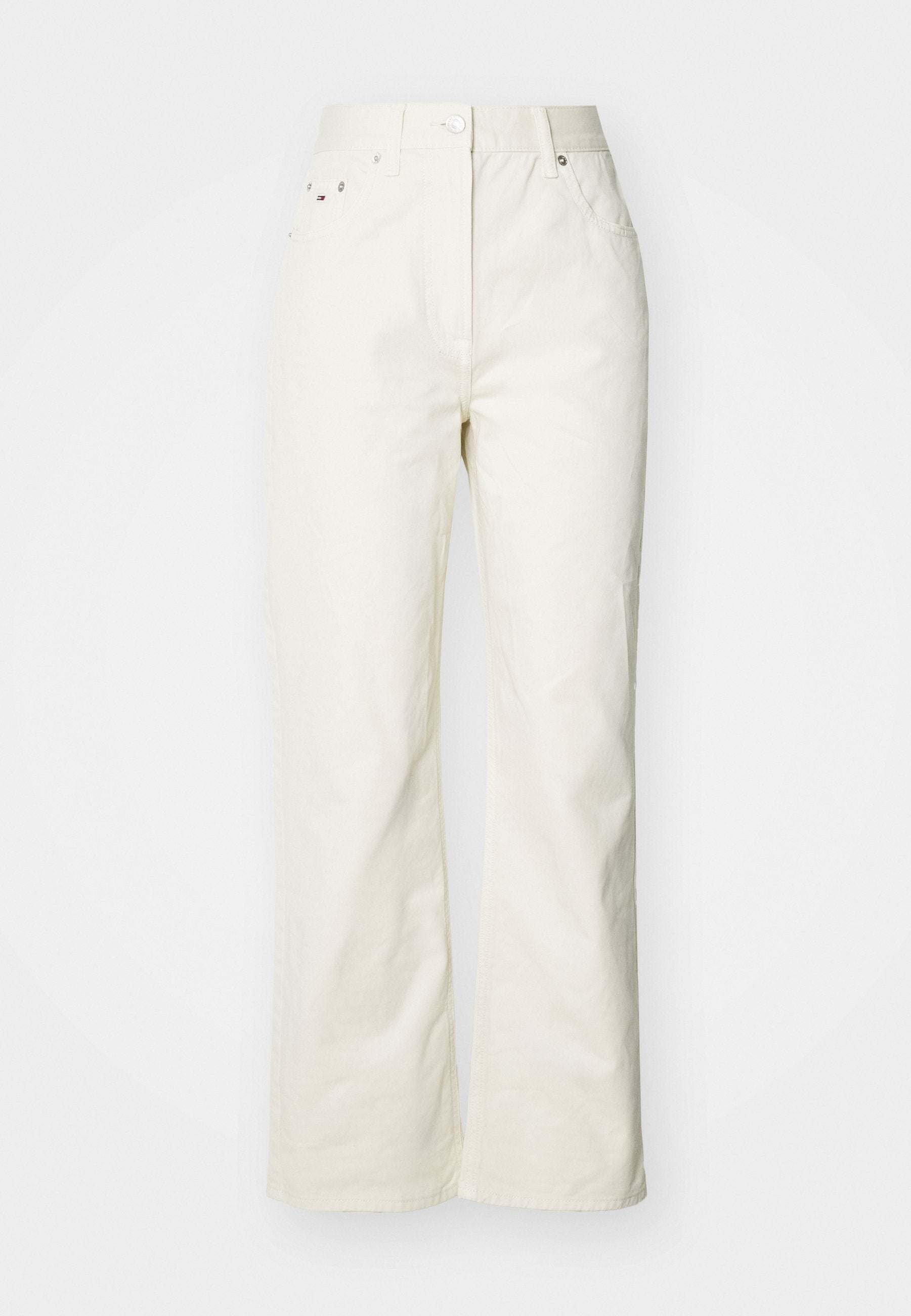 Helle beige weit geschnittene Baumwollhose mit hoher Taille, vorderem Knopfverschluss und zwei seitlichen Taschen mit dezenten Nähdetails.