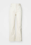 Helle beige weit geschnittene Baumwollhose mit hoher Taille, vorderem Knopfverschluss und zwei seitlichen Taschen mit dezenten Nähdetails.