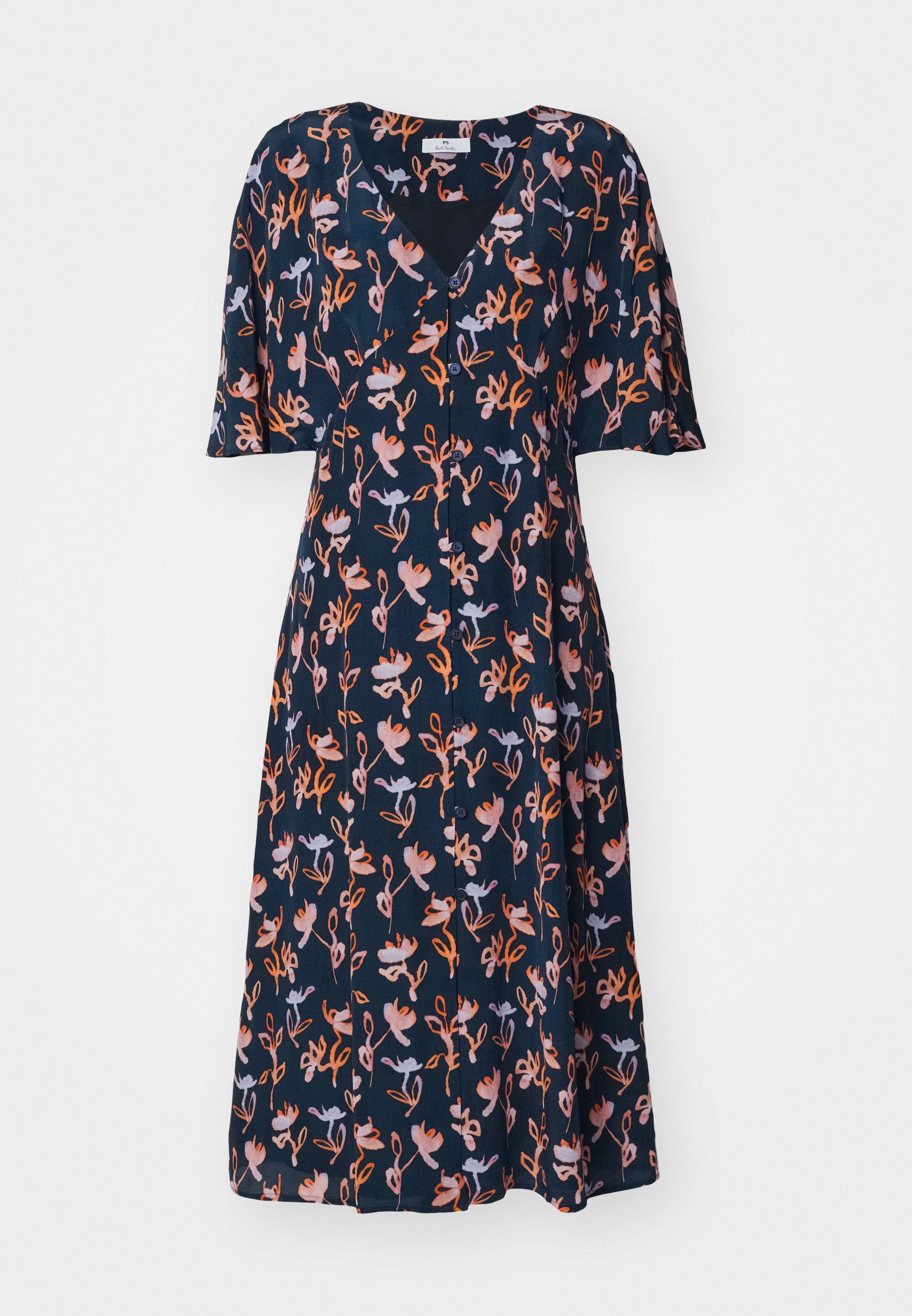 Marineblaues Blumenkleid mit kurzen Ärmeln, V-Ausschnitt und fließender Silhouette, die mit rosa und orangefarbenen Blumenmustern durchzogen ist.