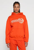 Orangener Hoodie aus Baumwollmischgewebe, mit einer Fronttasche, Kordelzugkapuze und bedrucktem "PEGADOR ADVENTURES"-Logo.