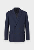 Marineblauer, doppelt geknöpfter Blazer mit Reverskragen, zwei vorderen Taschen und schwarzen Knöpfen. Aus strukturiertem Stoff gefertigt, mit glattem Innenfutter.