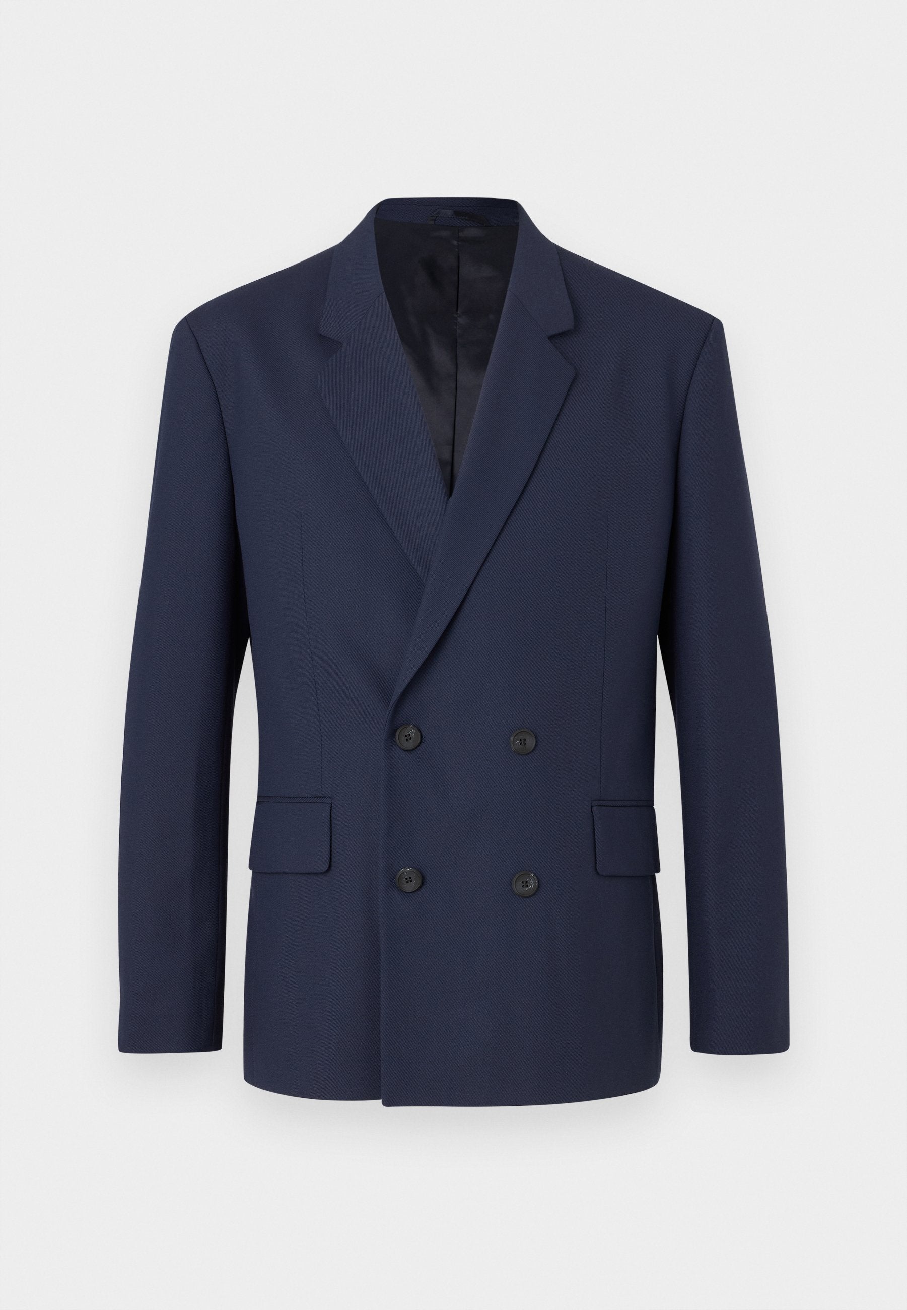Marineblauer, doppelt geknöpfter Blazer mit Reverskragen, zwei vorderen Taschen und schwarzen Knöpfen. Aus strukturiertem Stoff gefertigt, mit glattem Innenfutter.