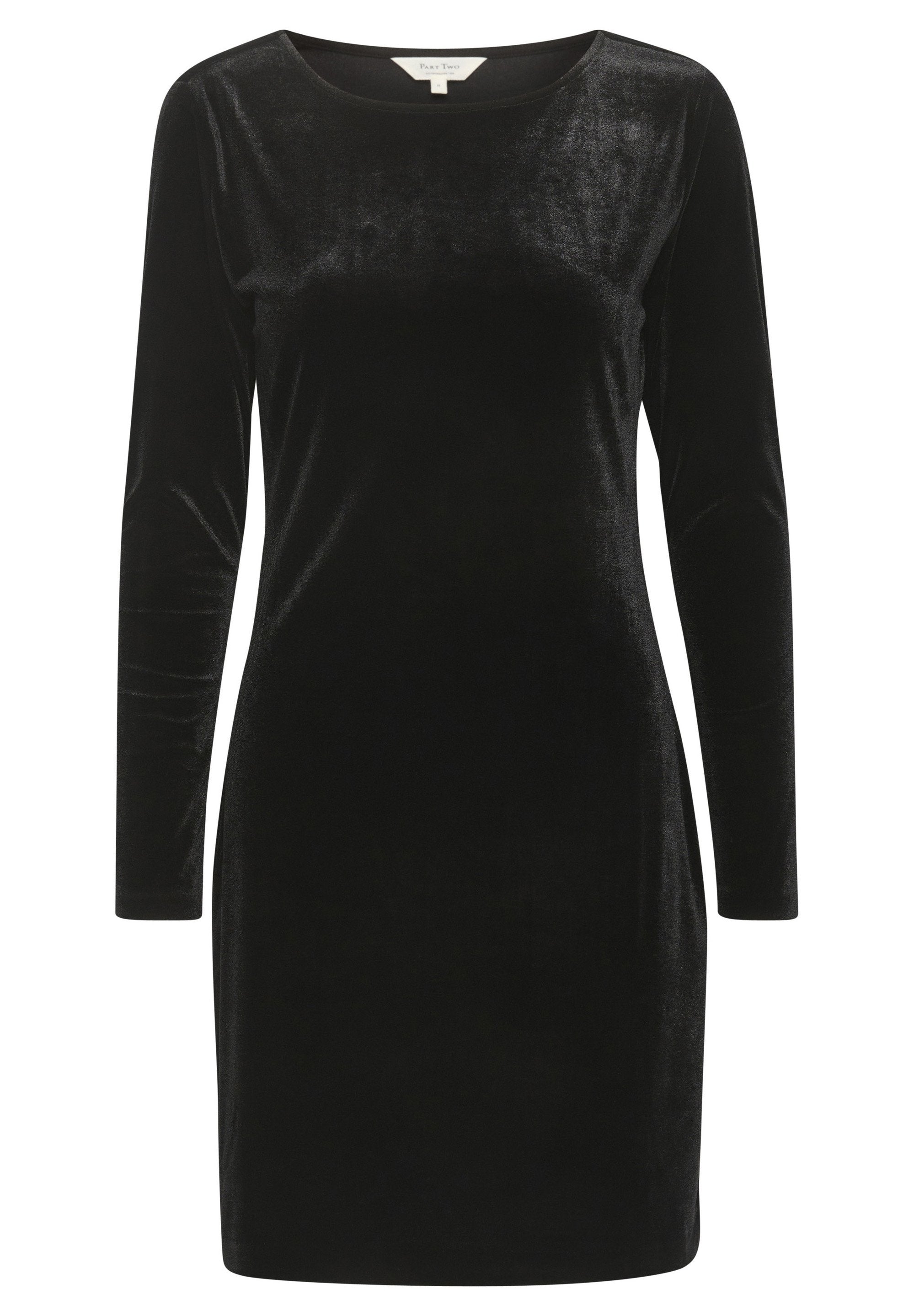 Schwarzes Samtkleid mit langen Ärmeln, runder Halslinie und taillierter Silhouette, das eine glatte Textur und einen knielangen Saum aufweist.